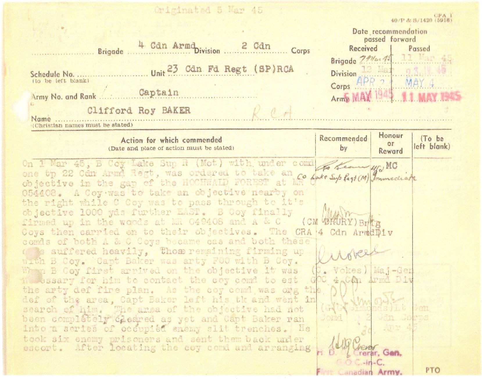 Military Cross (1945) - Clifford Roy Baker01|The first page of the Military Cross citation presented to Capt. Clifford Roy Baker in 1945