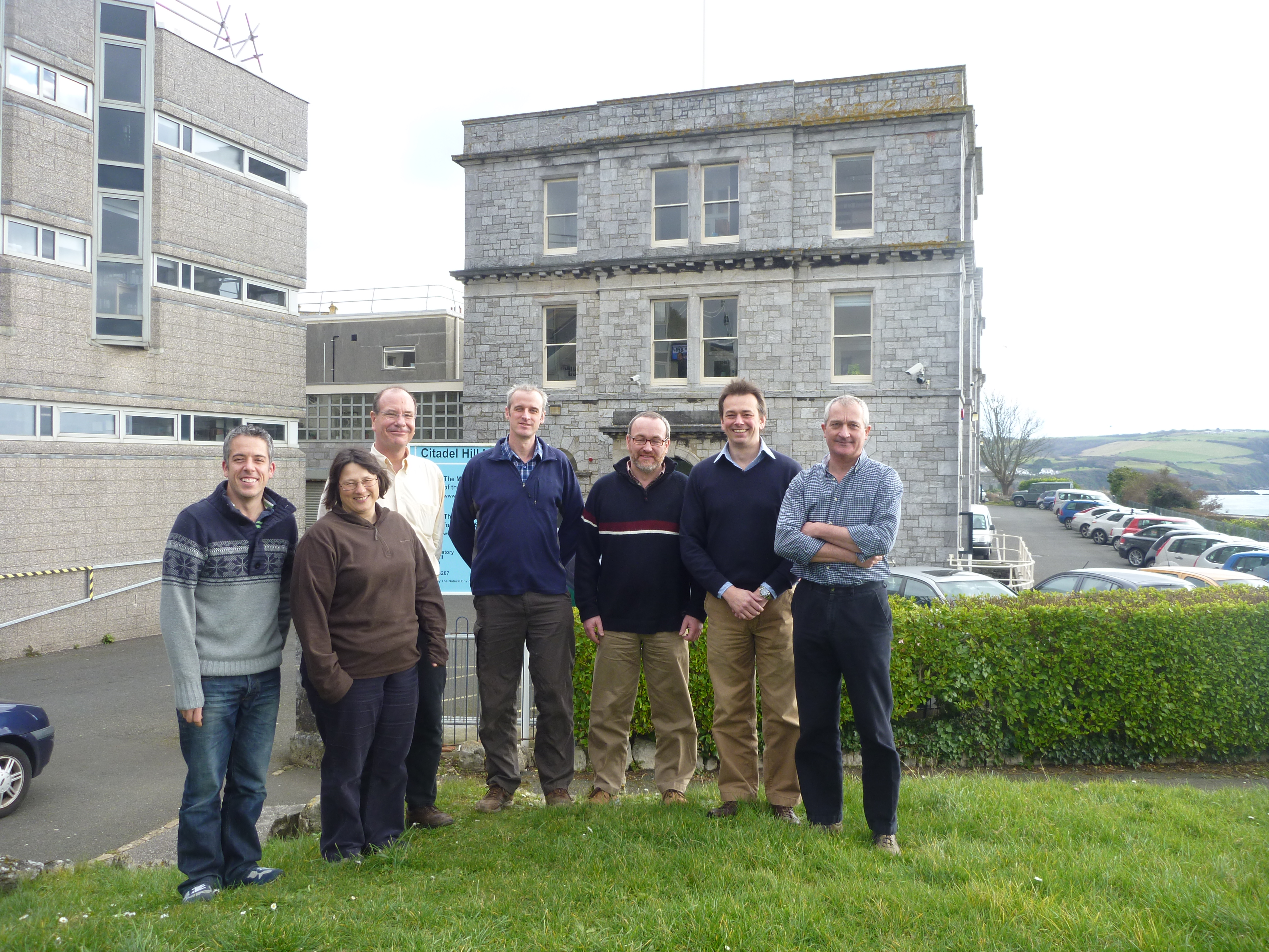  Left to right: Dr Matthew Witt (UoE), Dr Mel Austin (PML), Dr Dan Conley (UoP), Dr Stephen Cotterell (MBA), Dr Michael Bell (ICIT), Prefessor David Sims (MBA), Dr Julian Metcalf (CEFAS).