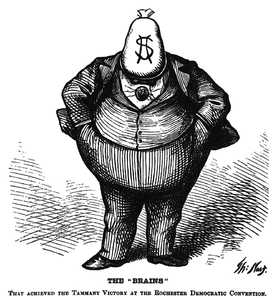 Caricature of Boss Tweed, convicted of corruption while controlling the politics of Tammany Hall in New York.