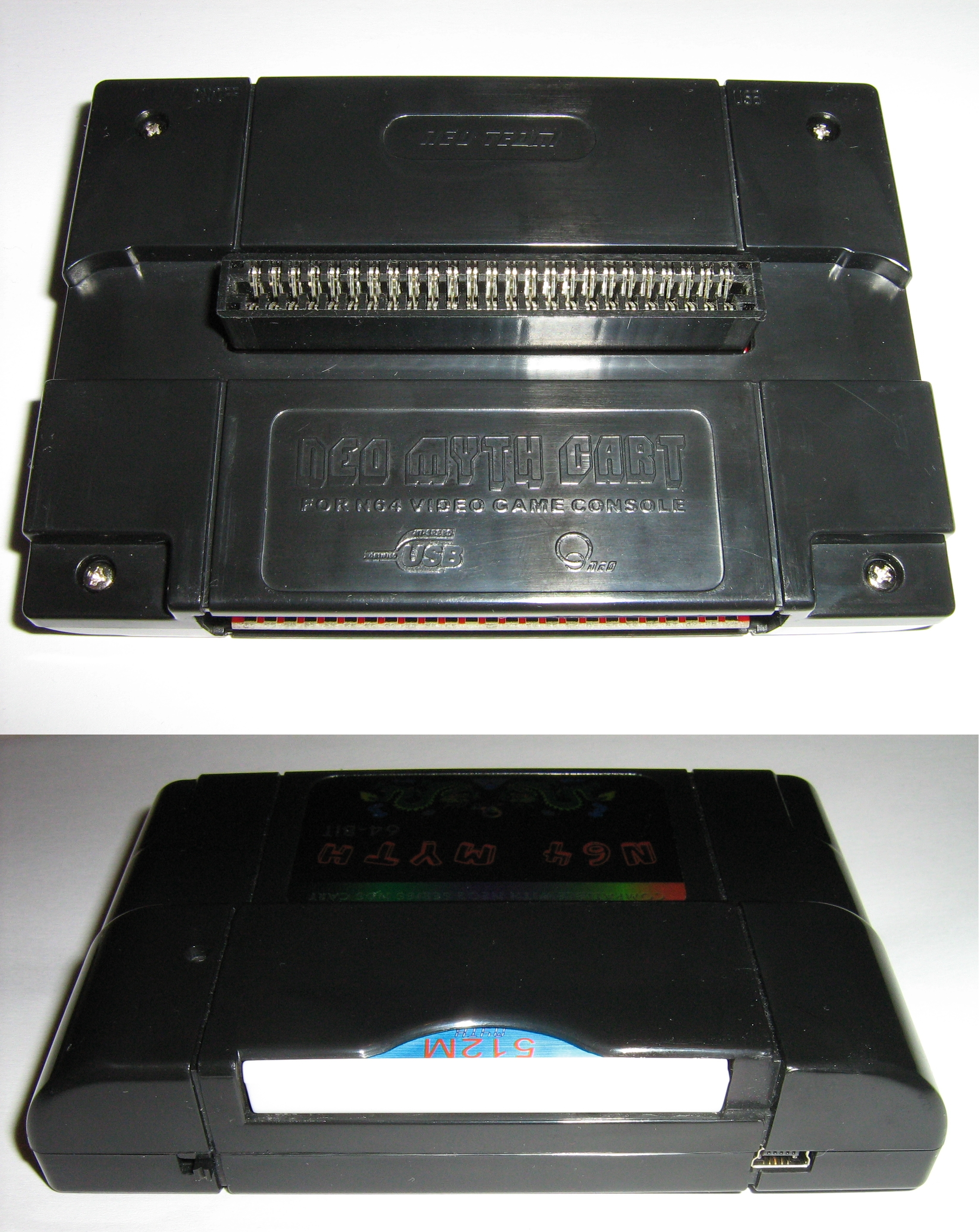 Rear of the NEO N64 Myth Cart showing the cartridge slot for inserting a boot cartridge. The top edge of the cartridge shows the ROM selection switch and the Mini-B USB port used for connection to a PC