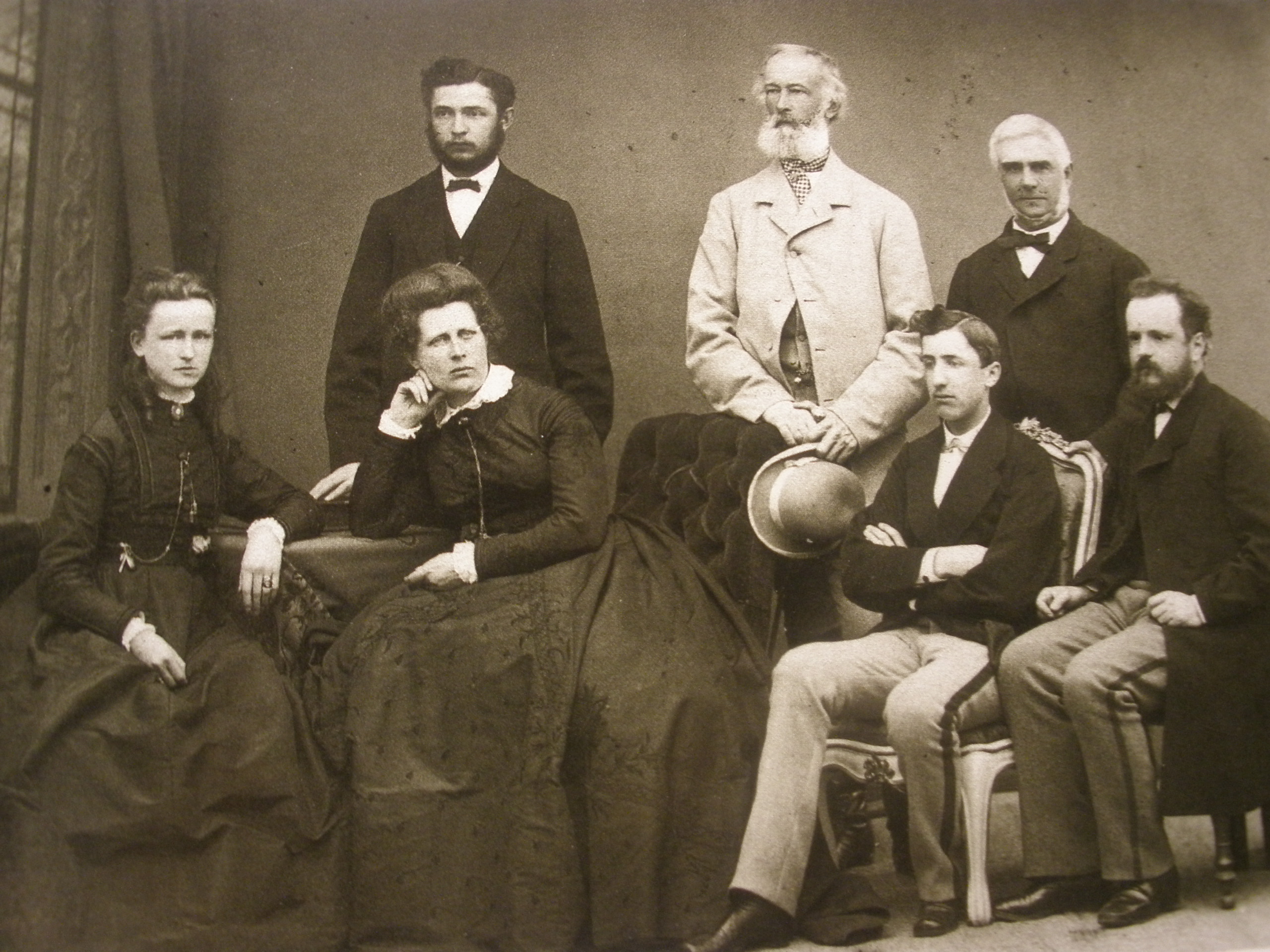 Family photograph dated 1868 allegedly showing Engelbertha Stroebele seated (far left) next to mother Bertha. Friedrich is shown seated far right and Alfred Krupp standing in white coat.